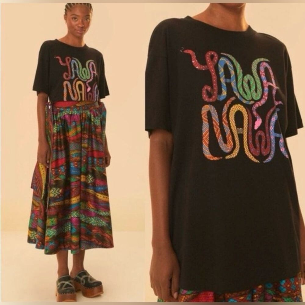 NEW FARM Rio Yawanawa Relaxed T-Shirt Oversized Snakes Black Rainbow Size XS
